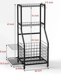 Mobile Garage Sports Gear Organizer With Wheels Three Tier Ball Rack For Basketballs Footballs And Mats Heavy Duty Storage Rack With Hooks Anti Slip Shelves Space Saving Indoor And Outdoor Gear Organizer For All Your Sports Equipment, shown with wire mesh baskets and dimensions.