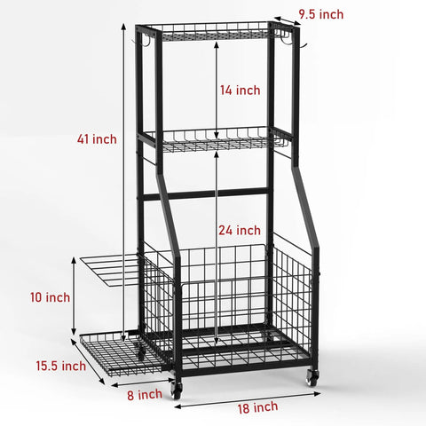 Mobile Garage Sports Gear Organizer With Wheels Three Tier Ball Rack For Basketballs Footballs And Mats Heavy Duty Storage Rack With Hooks Anti Slip Shelves Space Saving Indoor And Outdoor Gear Organizer For All Your Sports Equipment, shown with wire mesh baskets and dimensions.