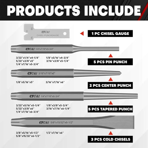 Sixteen Piece Punch And Chisel Set With Storage Pouch including pin punches, center punches, tapered punches, cold chisels, and chisel gauge.