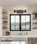 Farmhouse Vanity Light Fixture 3-Light Wall Sconce For Bathroom Over Mirror With Clear Glass Shades, Rustic Vintage Wood And Black Matte Metal Design