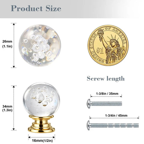Crystal Bubble Ball Cabinet Knobs 12 Pack Dope Transparent Sphere Handles with Gold Aluminum Base size and screw length guide