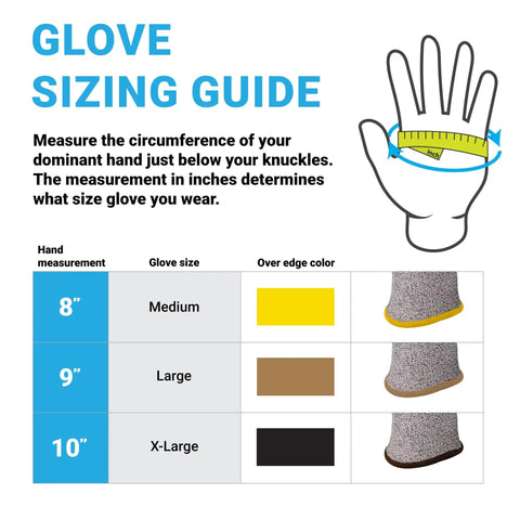 Glove sizing guide with measurements for Hammer Head 3 Basetek Protective Work Gloves With HDPE A3 Basetek Liner For Women And Men