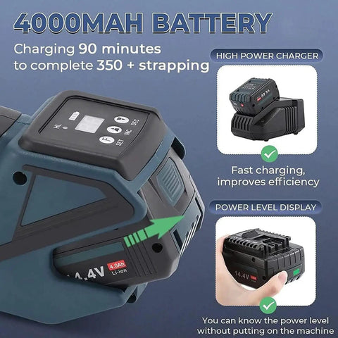 Heavy Duty Electric Strapping Machine With 4000 Mah Battery showing battery and charger, highlights charging time and power level display.