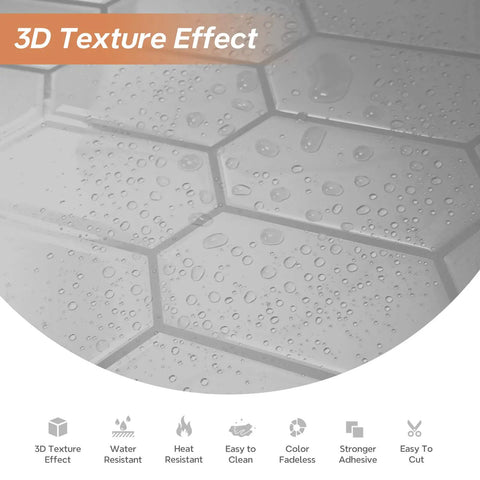 Gray Hexagon Peel And Stick Backsplash Tiles, 10 Sheets with water droplets showing 3D texture effect and water resistance
