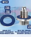 Infographic showing Premium Aluminum 25 Piece M12 Oil Drain Plug Gasket Washers Set dimensions with crush seals