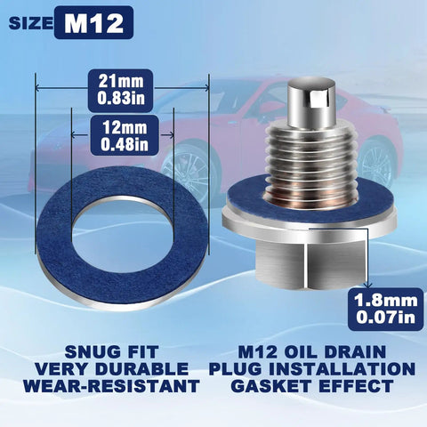 Infographic showing Premium Aluminum 25 Piece M12 Oil Drain Plug Gasket Washers Set dimensions with crush seals