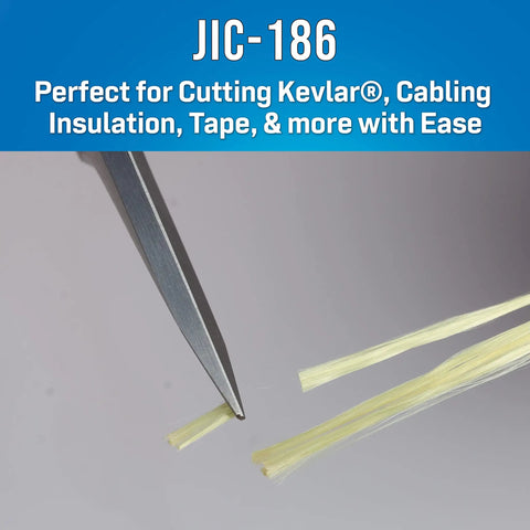 JIC-186 scissors cutting Kevlar strands, part of Ultimate Fiber Prep Backpack Kit With 27 Essential Fiber Optic Tools For Access, Stripping, Cleaning, Cutting, Ringing And Termination, Pro Grade Rugged Tech Backpack Included For On The Go Cabling.