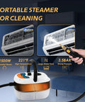 Supercharged 2500W Handheld Steam Cleaner With Three Heads And One Liter Tank Fires Up In Twenty Seconds to clean surfaces.