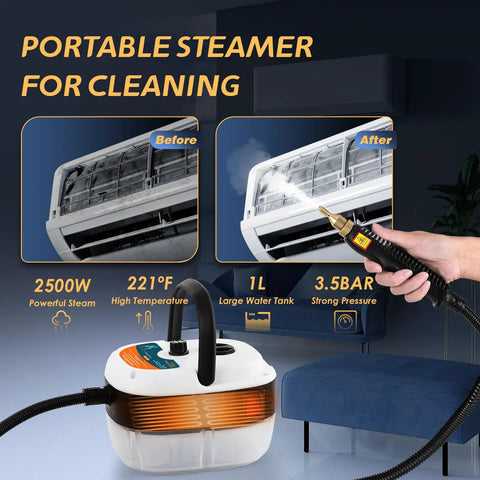 Supercharged 2500W Handheld Steam Cleaner With Three Heads And One Liter Tank Fires Up In Twenty Seconds to clean surfaces.