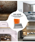 Collage of interior spaces and packaging for Angled Finish Nails 16 Gauge 20 Degree, Galvanized 900 Pack, Assorted Sizes