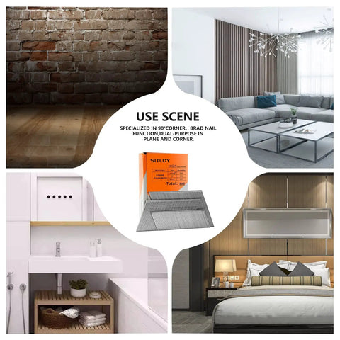 Collage of interior spaces and packaging for Angled Finish Nails 16 Gauge 20 Degree, Galvanized 900 Pack, Assorted Sizes