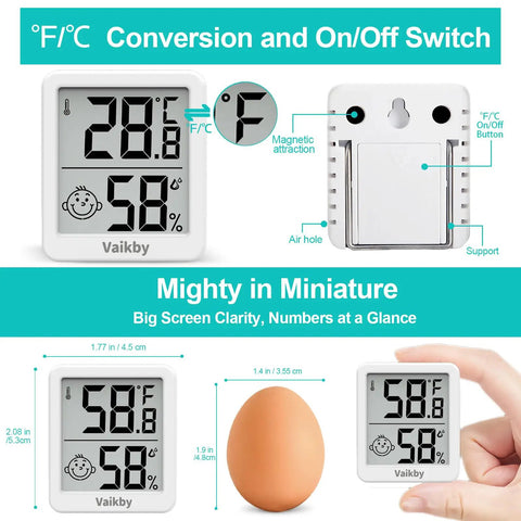 3 Pack Indoor Humidity Meter Hygrometer With Digital Room Thermometer For Home And Nursery, Accurate Temperature And Humidity Readings, Emoji Display For Easy Comfort Tweaks, Ideal Humidity Sensor For Baby Room; white digital hygrometer front and back view
