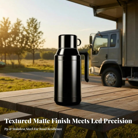 Portable Stainless Steel 12V 24V Car Kettle With Heat Preservation Dual Wattage Settings For Keeping Your Brew Piping Hot On Backroads on a wooden table outside.