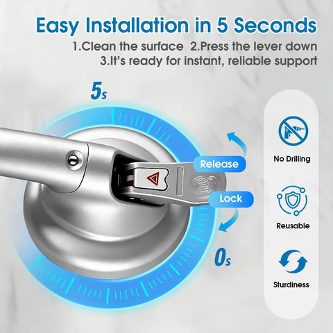 19 Inch Shower Suction Grab Bar With Tool Free Install Portable Bath Handle Heavy Duty Grip Rapid Release Suction Cup No Drill Safety Bar For Bathroom Supports Up To 300 Lb Great For Seniors showing easy installation process