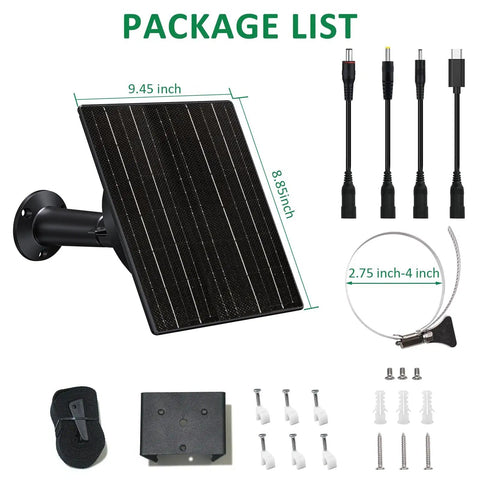 Package contents of 10W Trail Camera Solar Charger With 10400mAh Battery For Security And Trail Cams showing cables and mount.