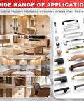 Kitchen cabinets with various handles showcasing Adjustable Cabinet Hardware Jig For Precise Handle Installation Drill Guide Pro Grade With Automatic Center Punch All Aluminum For Drawer Pulls And Cabinet Doors.