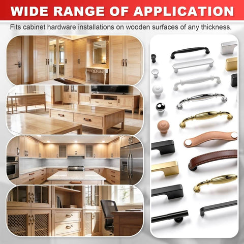 Kitchen cabinets with various handles showcasing Adjustable Cabinet Hardware Jig For Precise Handle Installation Drill Guide Pro Grade With Automatic Center Punch All Aluminum For Drawer Pulls And Cabinet Doors.