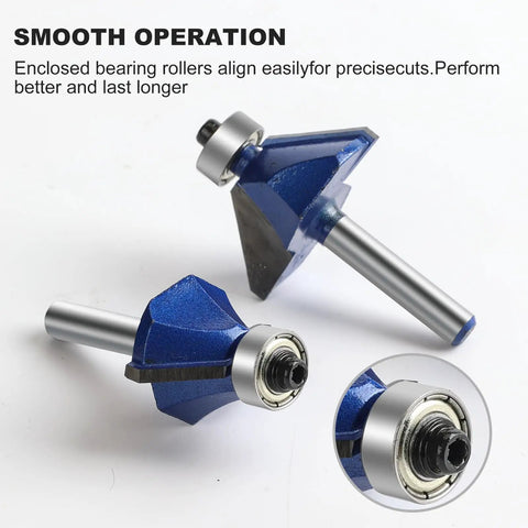 45 Degree Chamfer Router Bit Set For Woodworking, 1/4 Inch Shank, C3 Carbide with enclosed bearing
