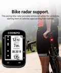 Wireless Bike Computer With 2.6 Inch LCD GPS Route Navigation showing speed, distance, and ride stats next to cyclist with bike radar support.
