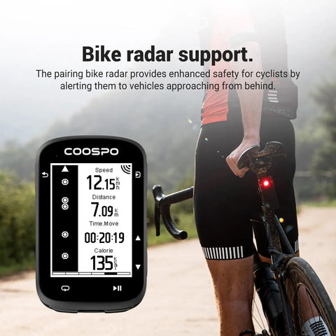 Wireless Bike Computer With 2.6 Inch LCD GPS Route Navigation showing speed, distance, and ride stats next to cyclist with bike radar support.