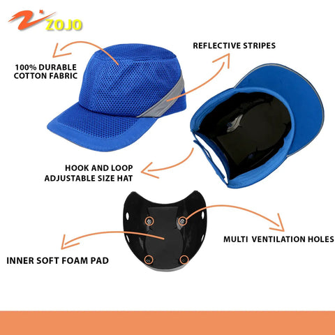 Baseball Bump Cap Hard Hat Helmet Five Pack Reflective Breathable Lightweight Worksite Ready Safety Cap with inner soft foam pad.