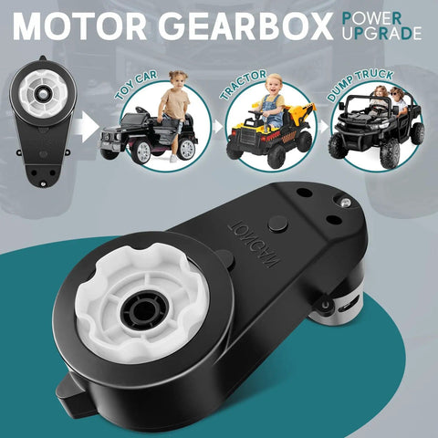 Beefed Up Torque High Speed Gearbox Upgrade Kit For Power Wheels Ride On Toys 24V, 35000 RPM Motor, shown with ride-on toys