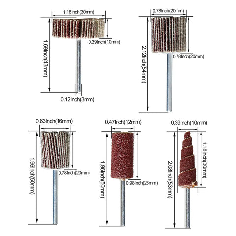 40 Pcs 80 Grit Abrasive Flap Wheel Sander With 3mm Shank Cone Shape For Rotary Tools showing multiple sizes and measurements