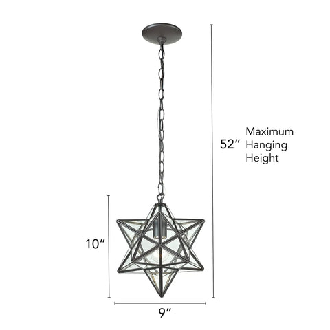 Star 145-001 9 Inch Wide One Light Mini Pendant in Oil Rubbed Bronze Finish Moravian Style Glass and Metal Fixture shown at max height