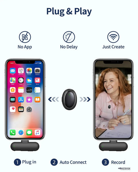 Image showing Plug & Play setup of Wireless Lavalier Microphone For iPhone With AI Noise Reduction, between two iPhones.