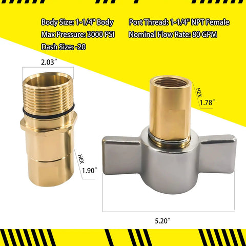 1-1/4 Inch Hydraulic Quick Disconnect Coupling Set With Wing Nut Sleeve Heavy Duty Brass NPT 1-1/4 Female 3000 PSI 80 GPM