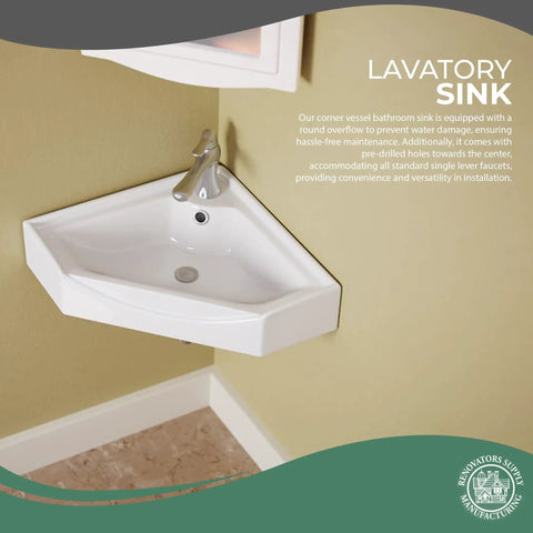 Alexander II 24 Inch Corner Wall Mounted Bathroom Sink White With Overflow Space Saving Ceramic Sink for Small Bathrooms
