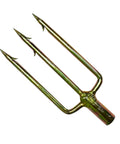 Pro Grade Three-Prong Spearfishing Harpoon Tip 8mm Stainless Steel With Chrome Gold Barbed Fork Finish, close-up angle.