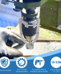 Heavy Duty Square Hole Drill Bit Adapter With Four Precision Bits, Pro Level Mortising Attachment For Drill Press, Tool Free Quick Mount Bracket, Knock Out Perfect Woodworking Joints Without The Hassle in use with a drill.