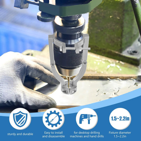 Heavy Duty Square Hole Drill Bit Adapter With Four Precision Bits, Pro Level Mortising Attachment For Drill Press, Tool Free Quick Mount Bracket, Knock Out Perfect Woodworking Joints Without The Hassle in use with a drill.