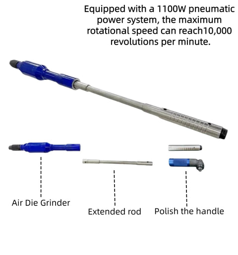 Slick 11.8 Inch Extension Air Die Grinder With 6mm And 12mm Collets For Polishing Deburring And Surface Prep Featuring 10000 Rpm components including air die grinder and extended rod.