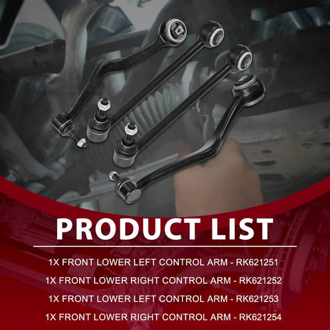 Hot Ride Front Lower Control Arm Kit 4Pcs RK621253 RK621251 For Smooth Steering And Stable Handling Replacement Parts To Get Your Ride Back On Track., four black front lower control arms with ball joints