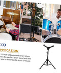 Heavy Duty Adjustable Height Snare Drum Rack With Slick Black Alloy Finish And Detachable Base For Rock Solid Performance On Any Standard Folding Tripod Stands, displayed in a music setup.