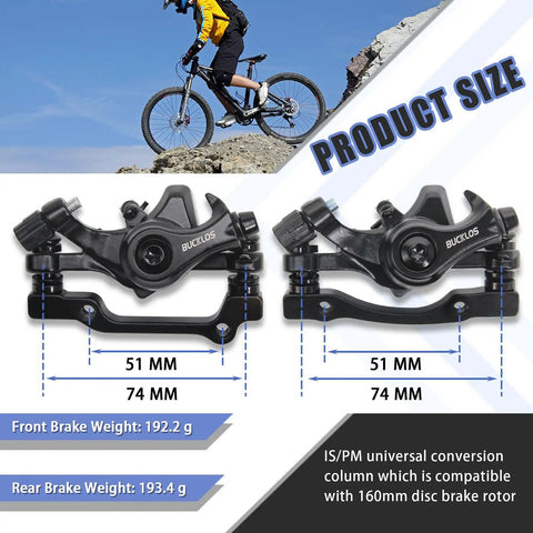 Beefy Aluminum Mountain Bike Disc Brake Caliper With 160Mm Adapter and size details for front and rear use on bikes.
