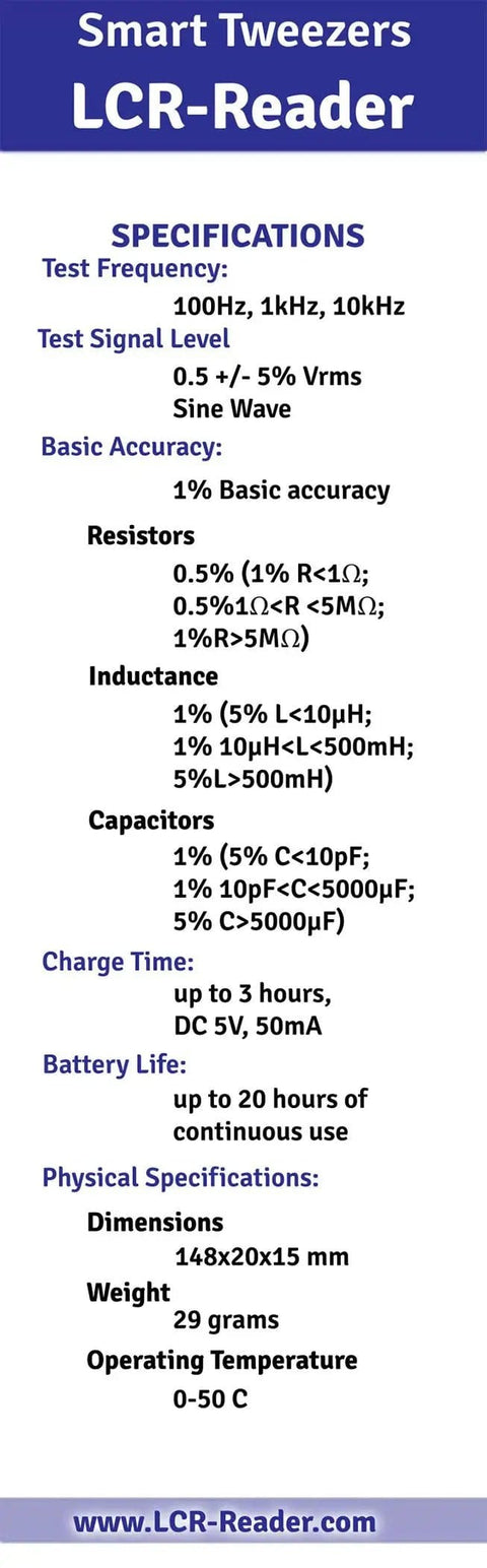Specification sheet for Go To LCR Meter And ESR Meter For Digital Multimeter Style Testing, detailing accuracy and features.