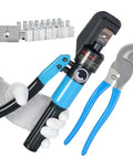 Knockout 10 Ton Hydraulic Crimper Kit With Cable Cutter Plus Nine Chromed Hex Dies, featuring crimper and cutter tools.