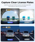 Comparison of license plate clarity with A229 Plus Dual Dash Cam using STARVIS 2 HDR sensors, showcasing clear day and night images.