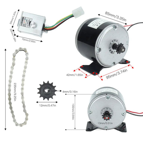 12V 350W Electric Motor Controller Kit with 13T Sprocket 38L Chain, aluminum alloy shell, dimensions marked