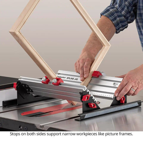 Pro Grade Spline Jig Kit For Router Table And Table Saw Making Badass Dovetail And Miter Joints with wood frame support in use.