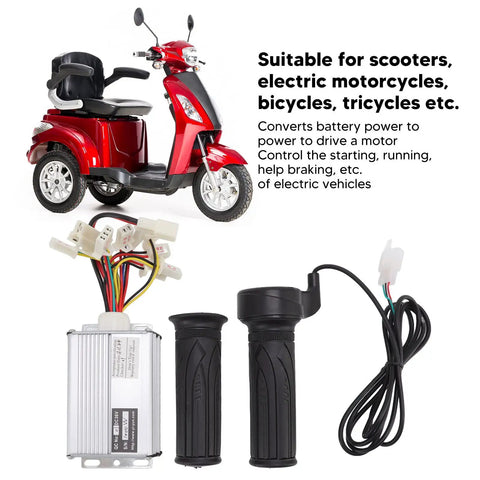 36V 1000W Brushed Motor Controller With Throttle Hand Grip Kit For Electric Bikes Scooters Go Karts detail view with grip and wires.