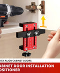 Top Shelf Adjustable Cabinet Door Positioning Jig, No Sweat Install Game Changer For Frameless Or Face Frame Cabinetry, showing tool aligning cabinet door with drill.