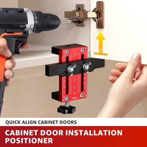 Top Shelf Adjustable Cabinet Door Positioning Jig, No Sweat Install Game Changer For Frameless Or Face Frame Cabinetry, showing tool aligning cabinet door with drill.