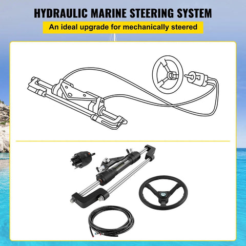Beefy Hydraulic Outboard Steering Kit With 13.5 Inch Aluminum Wheel And 18 Foot Nylon Hose And 300HP Helm Pump diagram and components