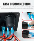 Blue 5 Gang Marine Rocker Switch Panel with Waterproof Build 15A Inline Fuse connections and easy disconnection demonstration.