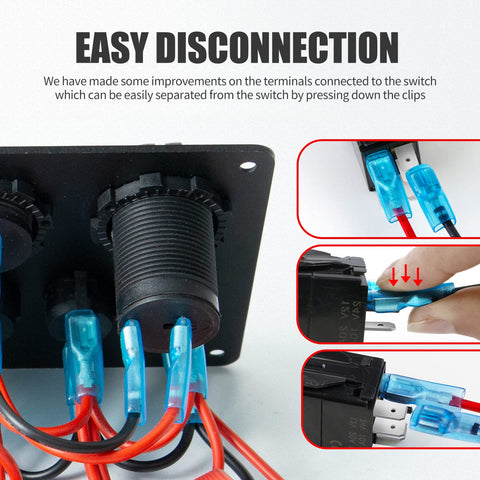 Blue 5 Gang Marine Rocker Switch Panel with Waterproof Build 15A Inline Fuse connections and easy disconnection demonstration.