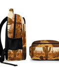 Golden Hour Arid Cactus Print Unisex Everyday Carry Backpack side and front view with smooth zipper and durable polyester material